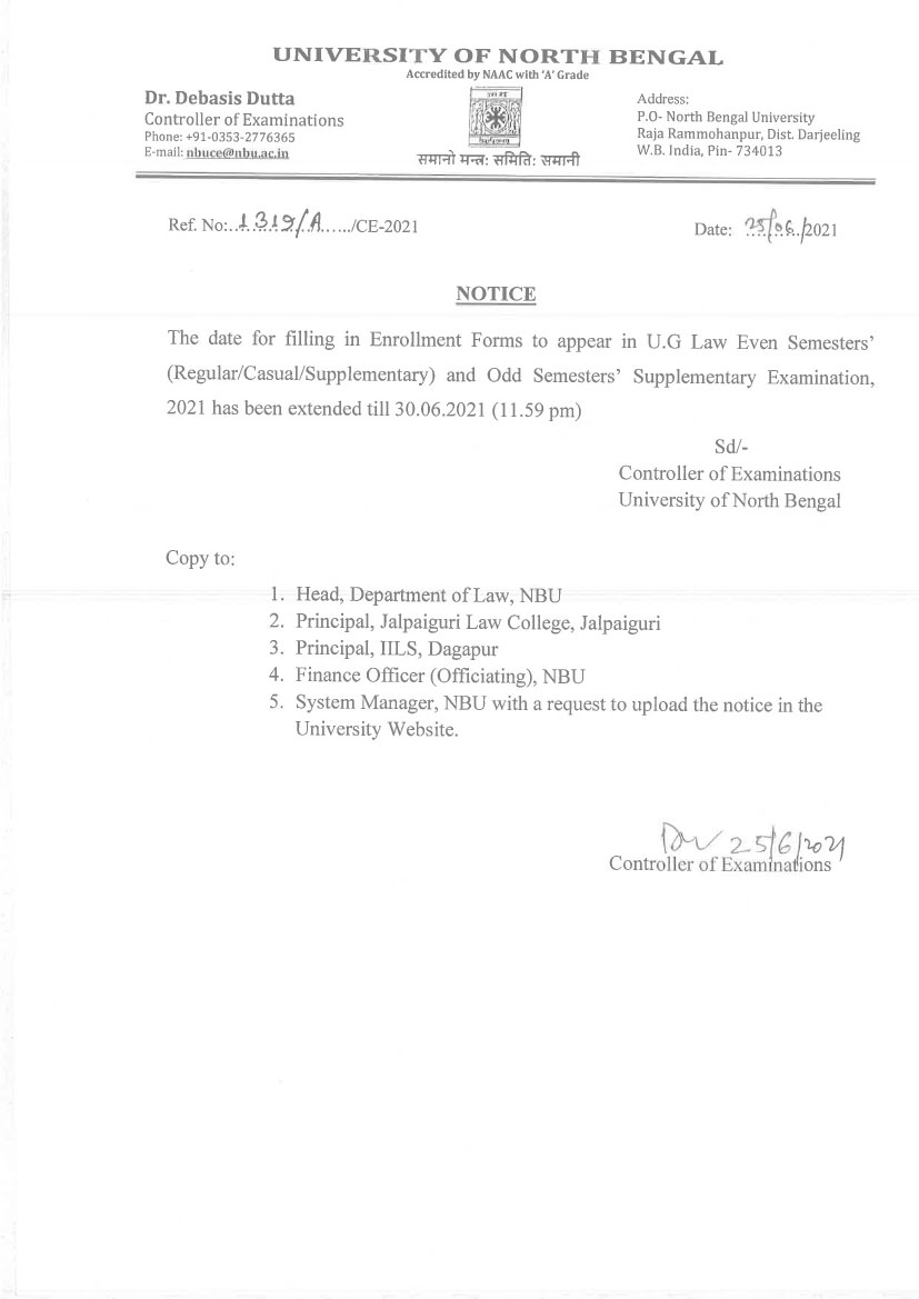 Notice Regarding Extention of Examination Form Filling