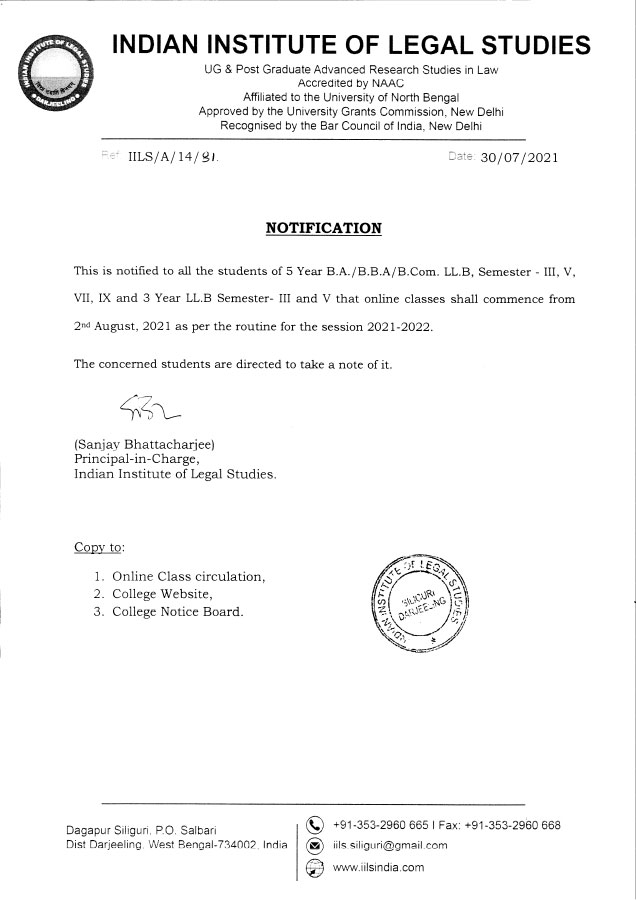 Notice for Commencement of Classes