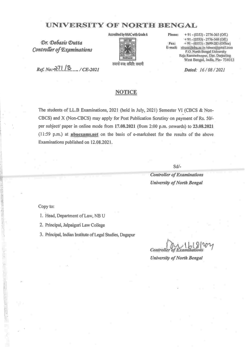 Notice regarding Post Publication scrutiny - LL.B. Examinations, 2021