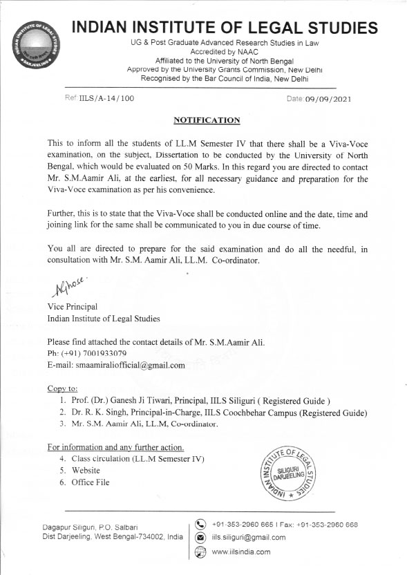Notice for LL.M Sem IV Students Regarding Viva-Voce Exam