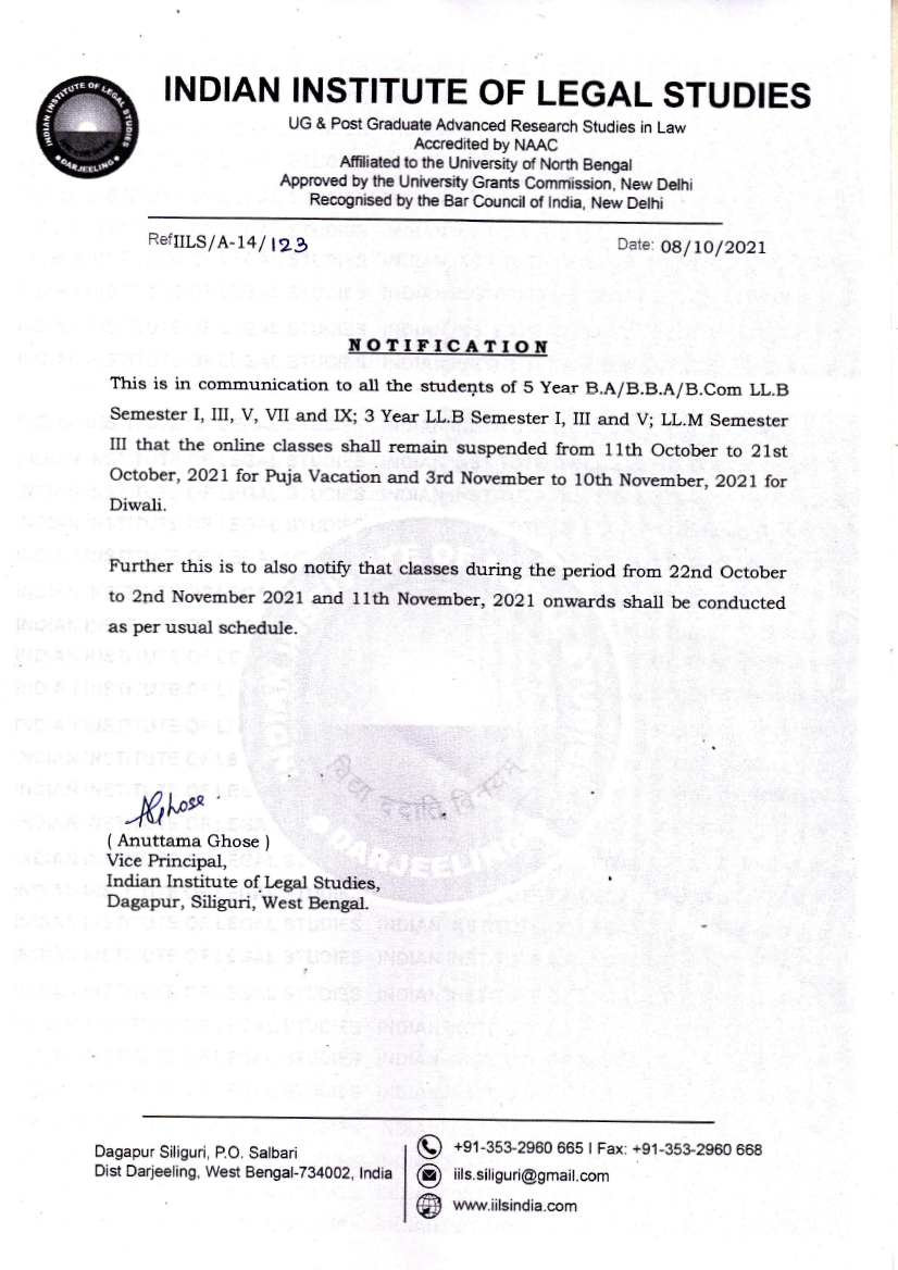 Notice Regarding Puja Vacation