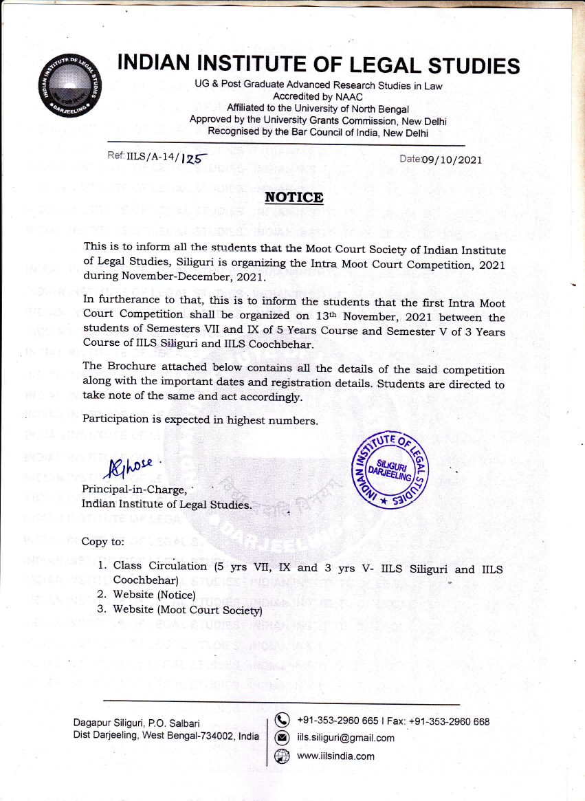 Notice regarding Intra Moot Court Competition, 2O2l