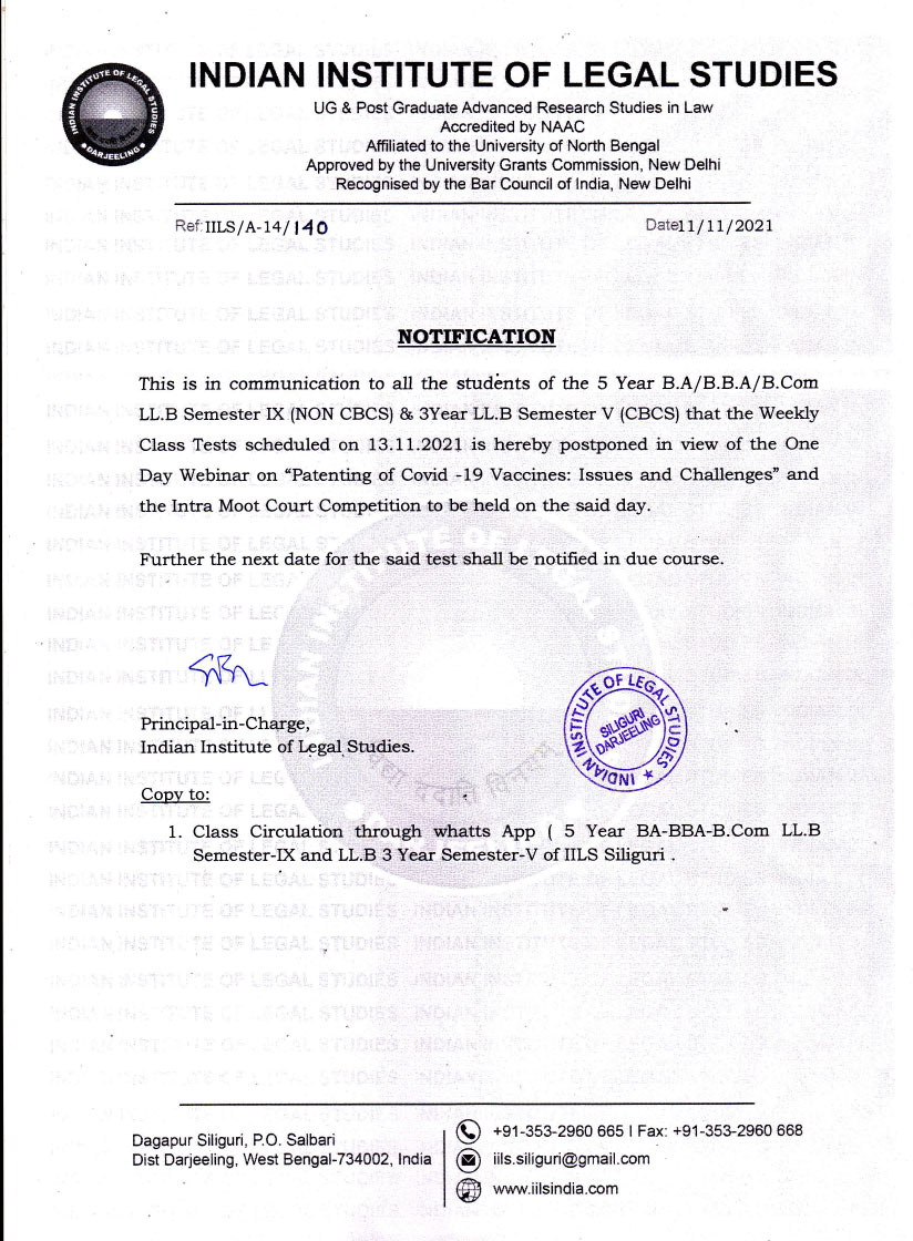 Notice regarding Weekly Class Test Schedule