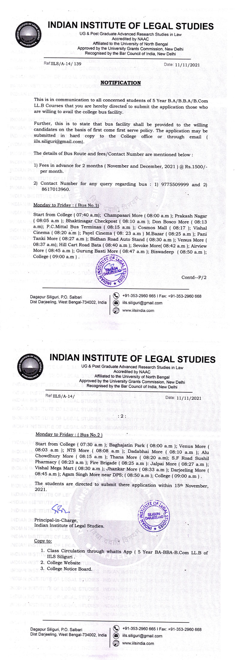 Notice regarding College Bus Facility