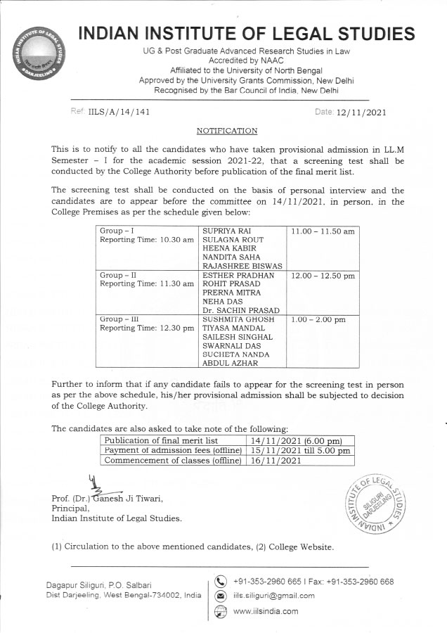 Notice regarding LL.M Screening