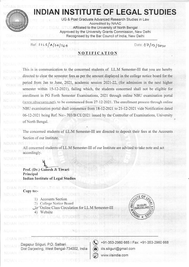 Notice Regarding Semester Fees (LL.M)