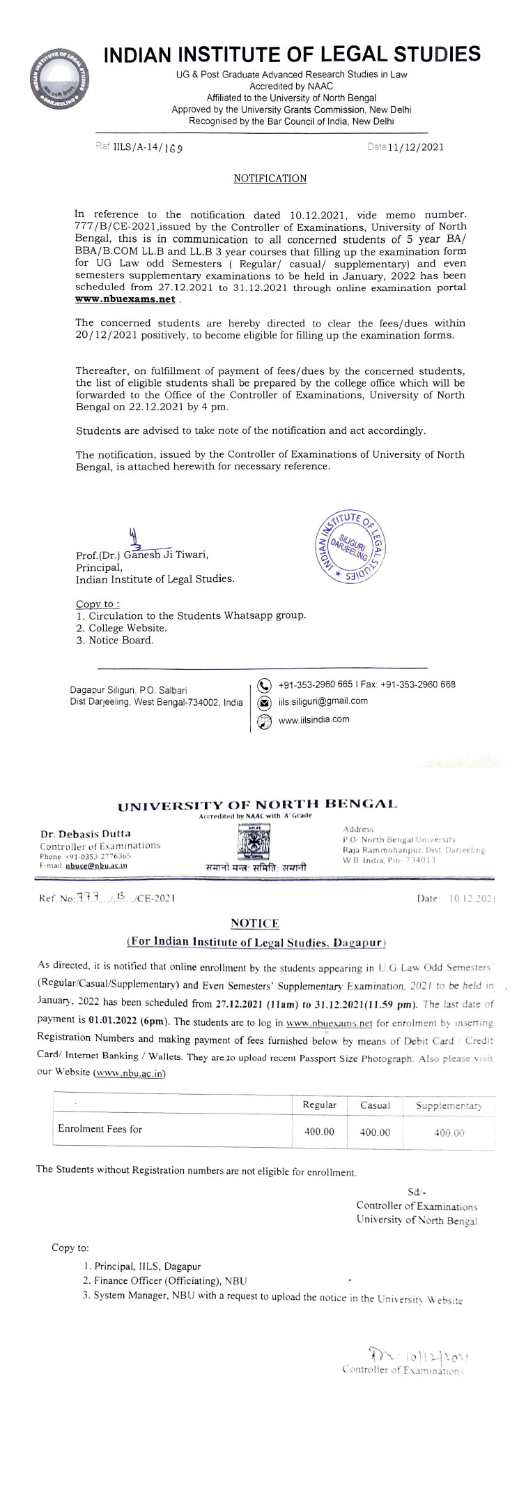 Notice Regarding Examination