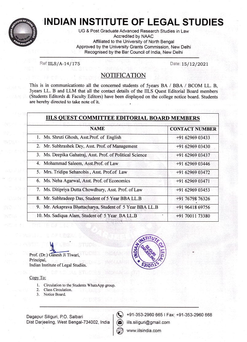 Notice Regarding Indian Institute of Legal Studies Quest