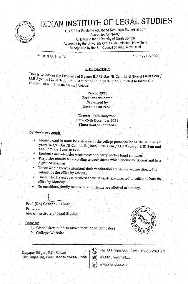 Notice Regarding Freshers Protocol