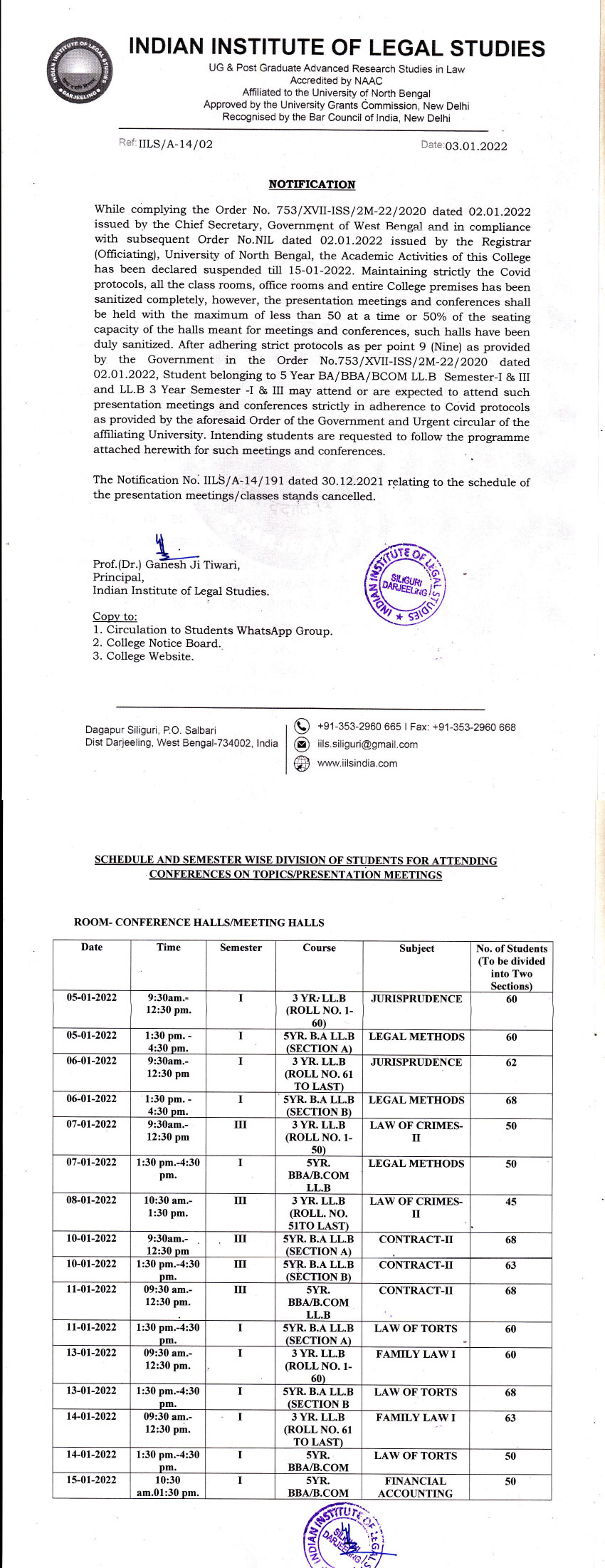 Notice regarding meetings / classes cancellation