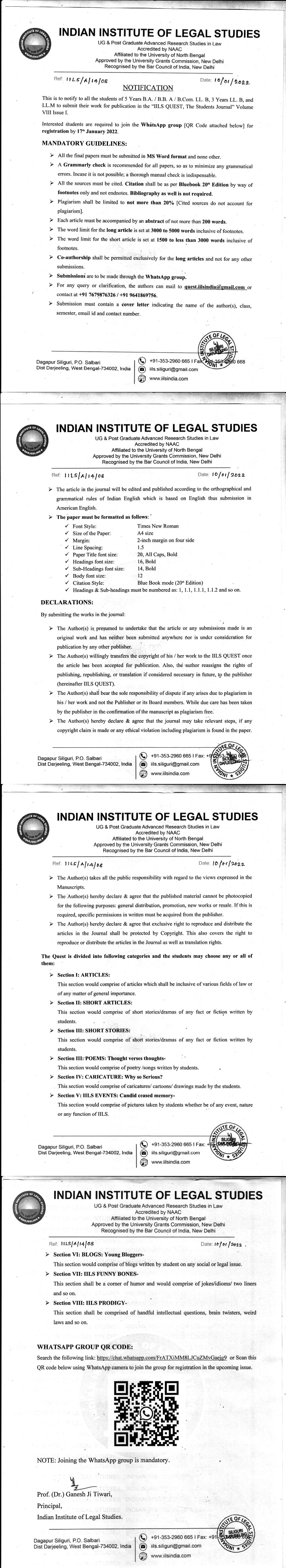 Notice Regarding Indian Institute of Legal Studies Quest