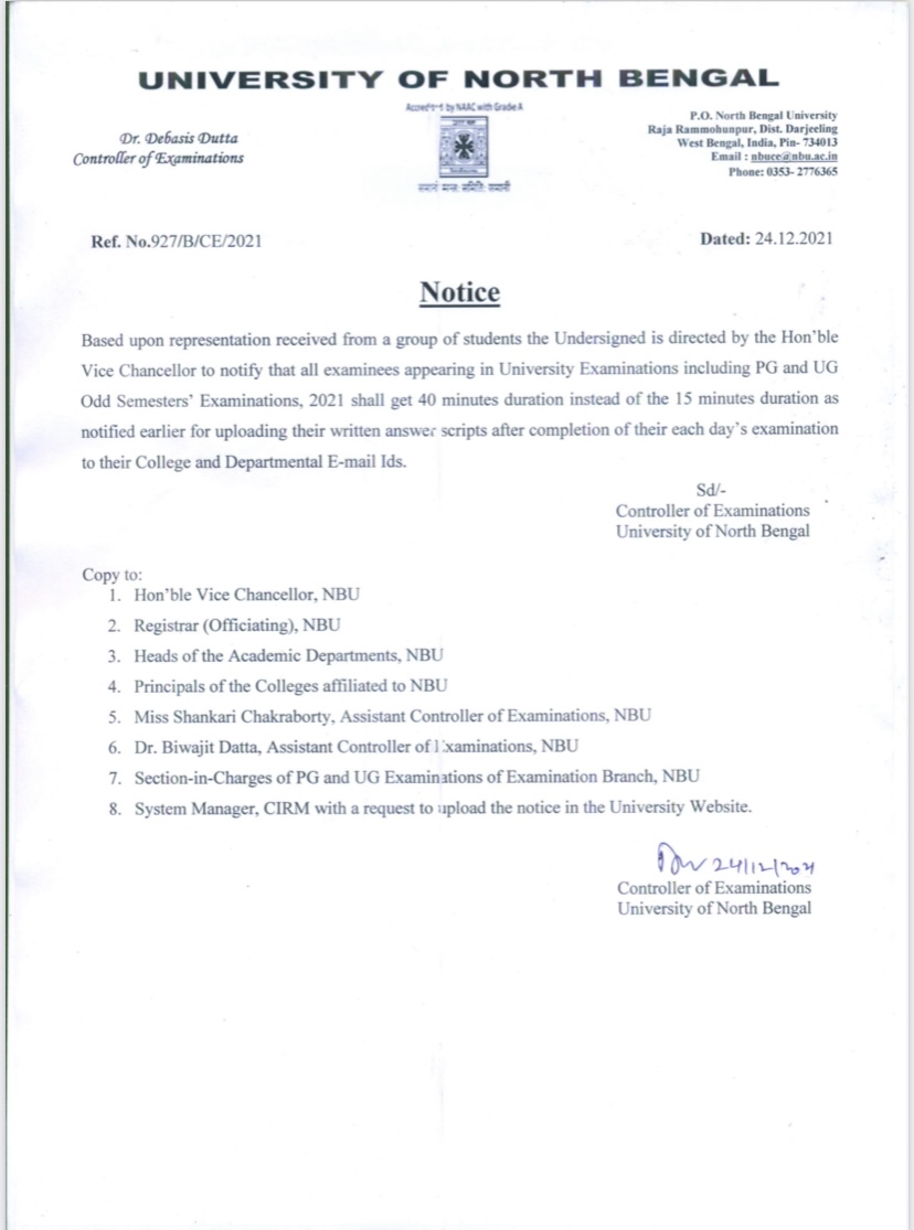 Notification regarding Exam time