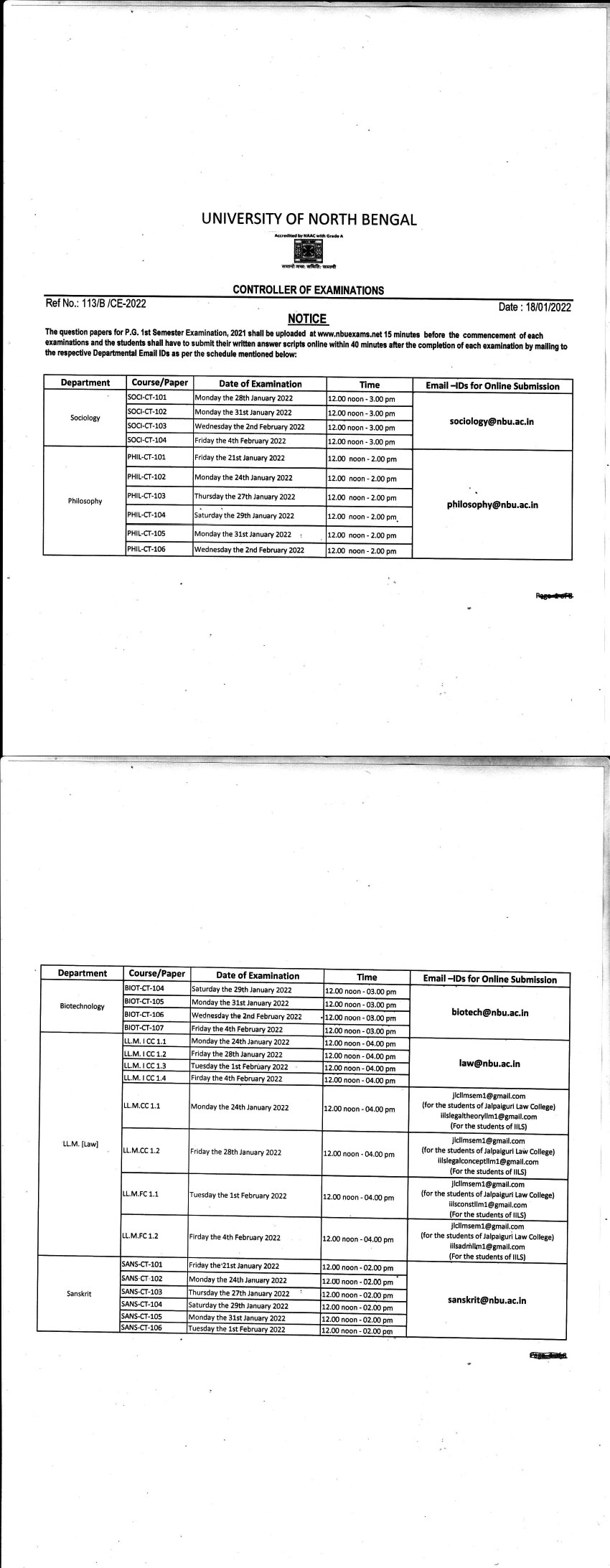 Notice Regarding Examination Schedule of LL.M SEM I