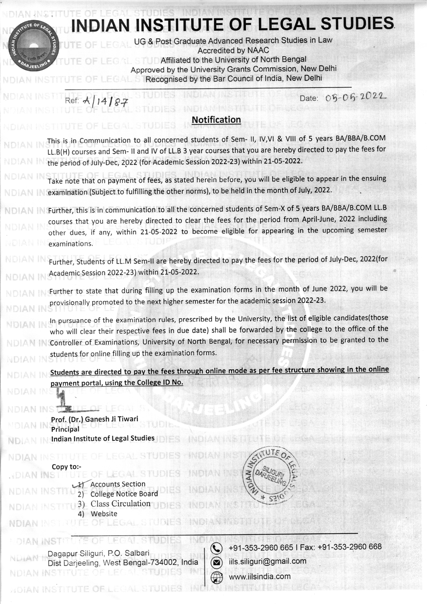 Notice Regarding To Clear The Fees Dues