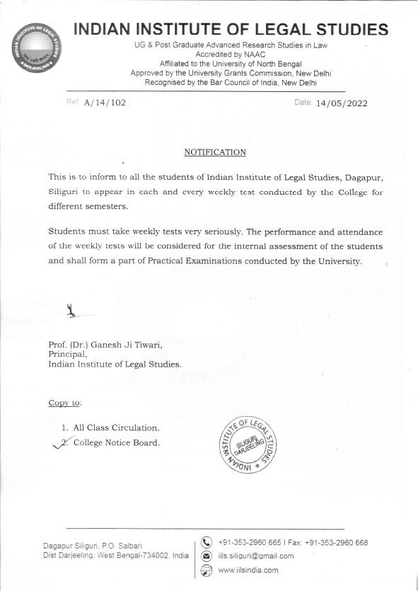 Notification Regarding Weekly Test