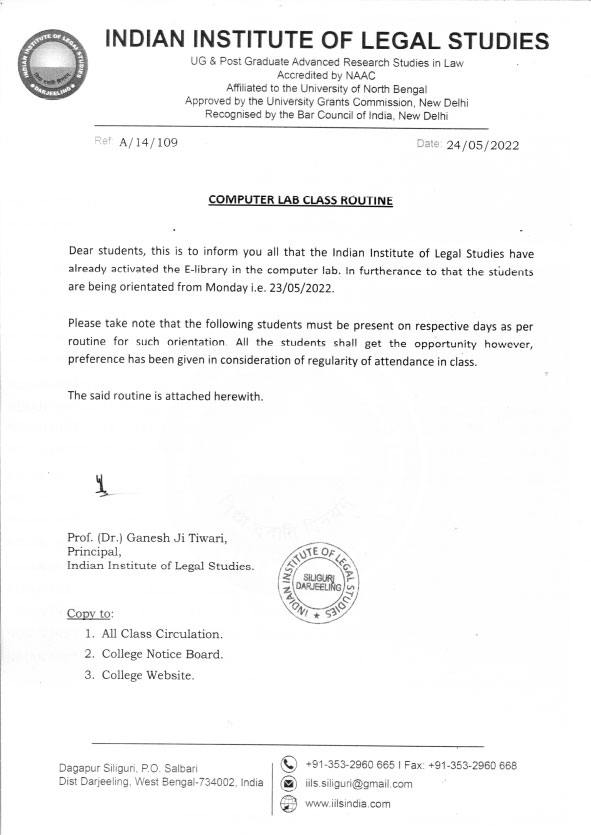 Notice Regarding Computer Lab Class Routine