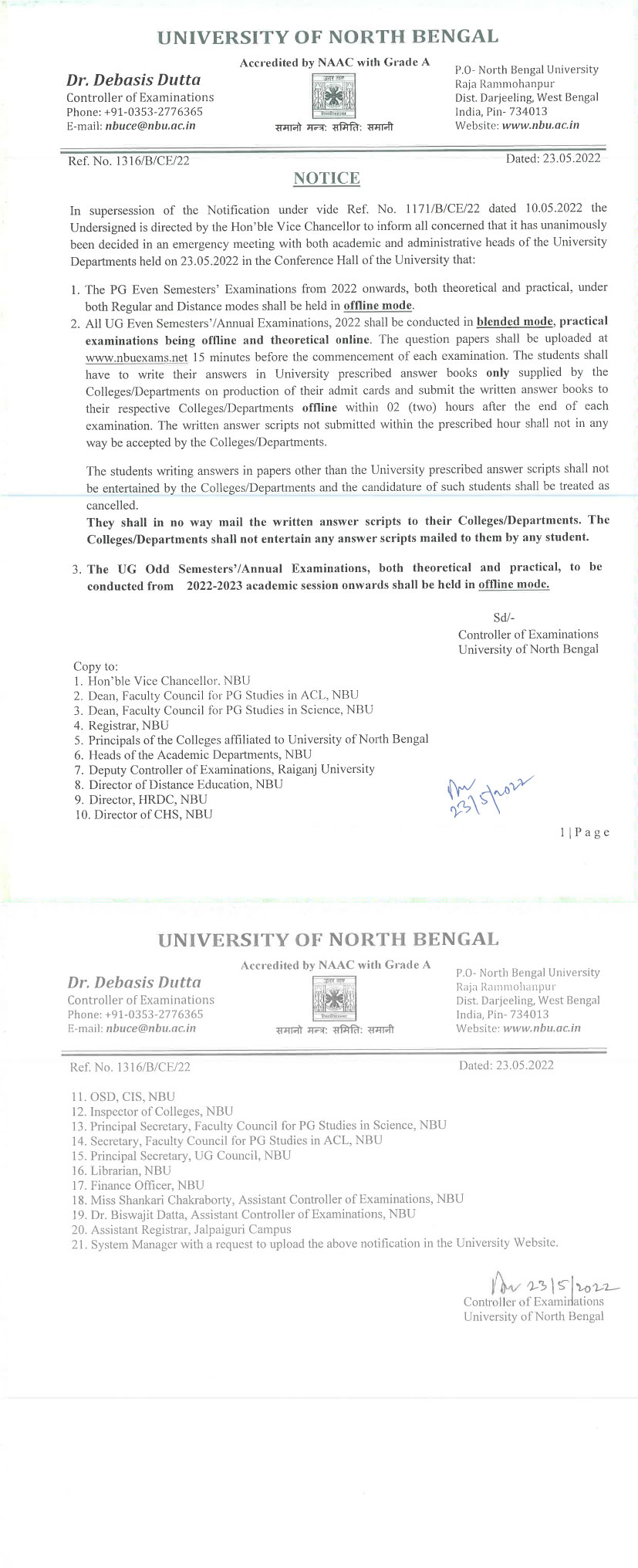 Notice Regarding Examination