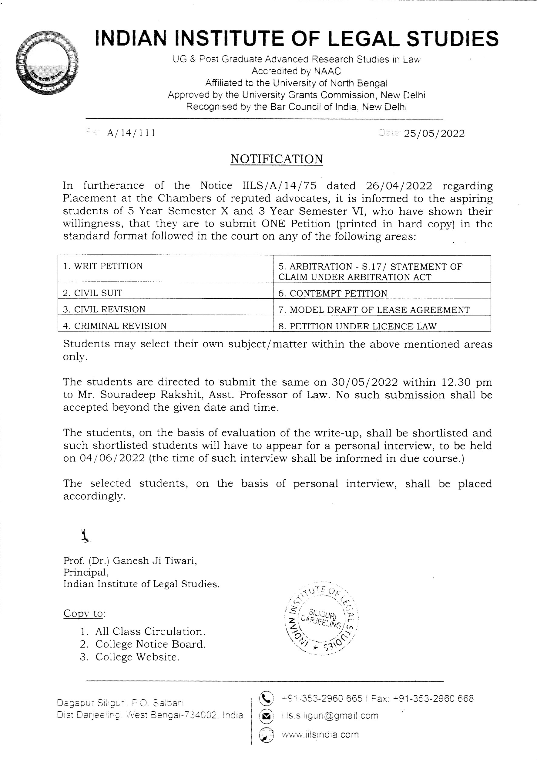 Notice Regarding Placement