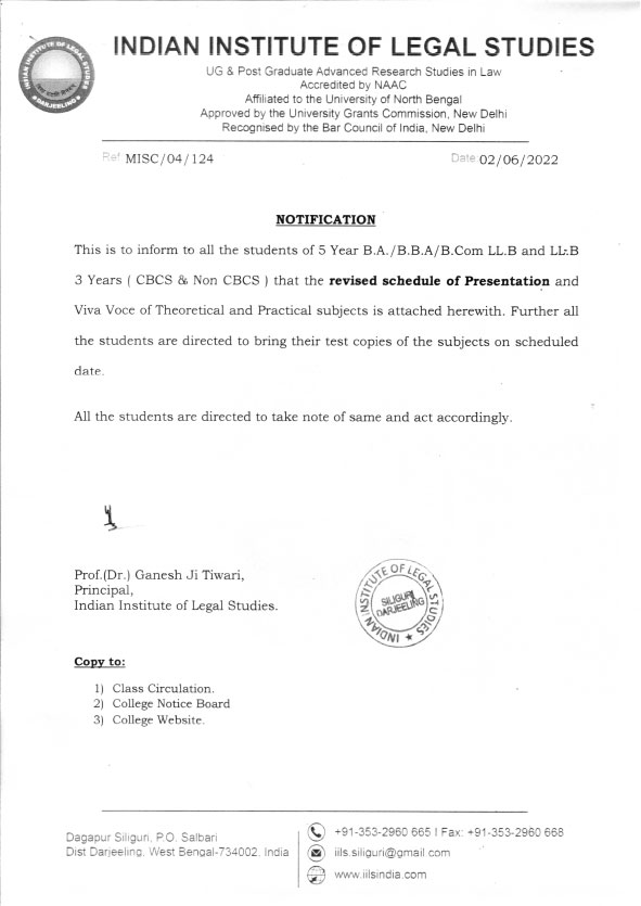 Revised Notification of Presentation Schedule