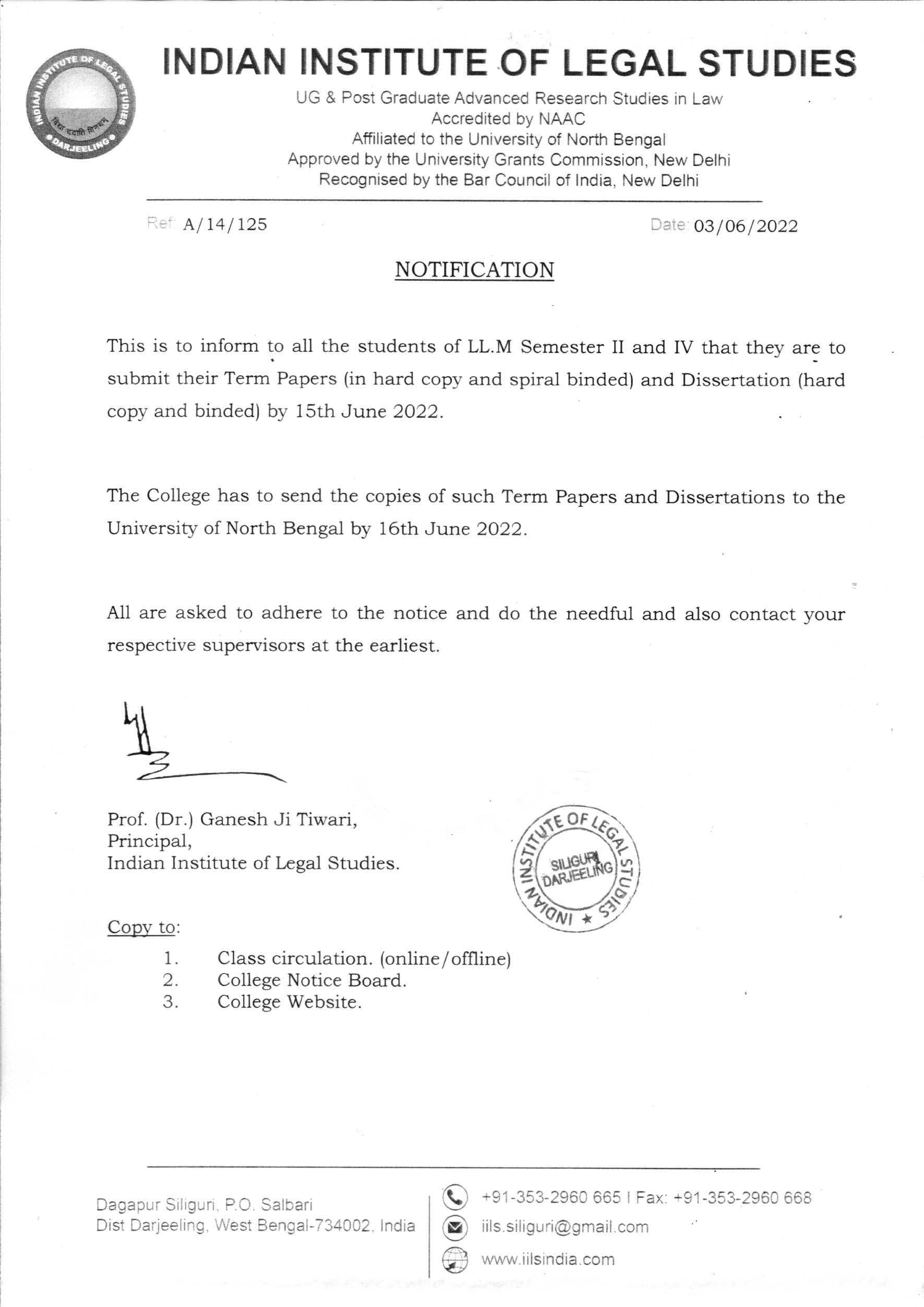 Notice Regarding Submission Of Term Papers & Dissertation