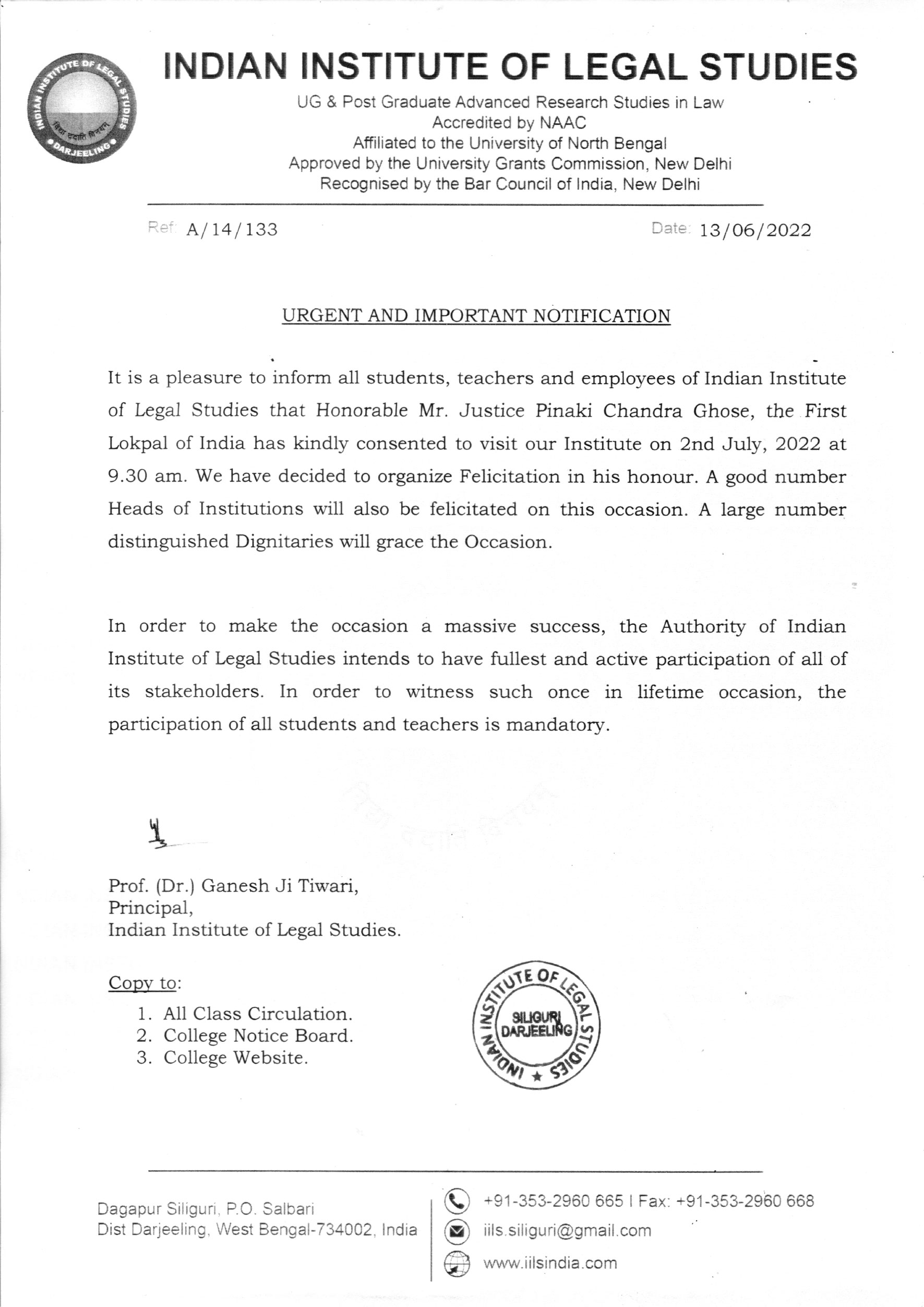 Notice Regarding Visit Of The First Honorable Lokpal Of India