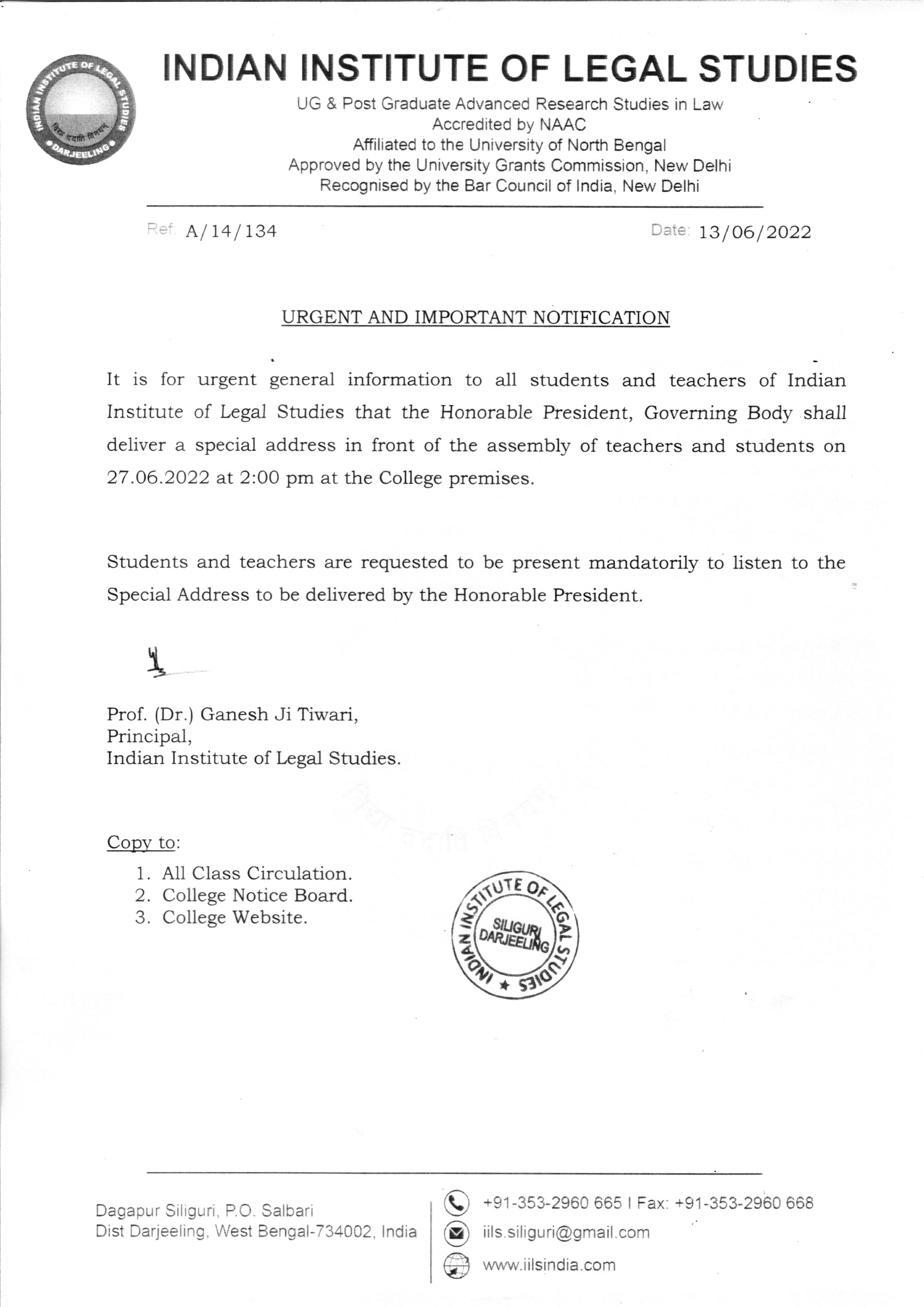 Notice Regarding Special addressing Of The Honorable President, Governing Body
