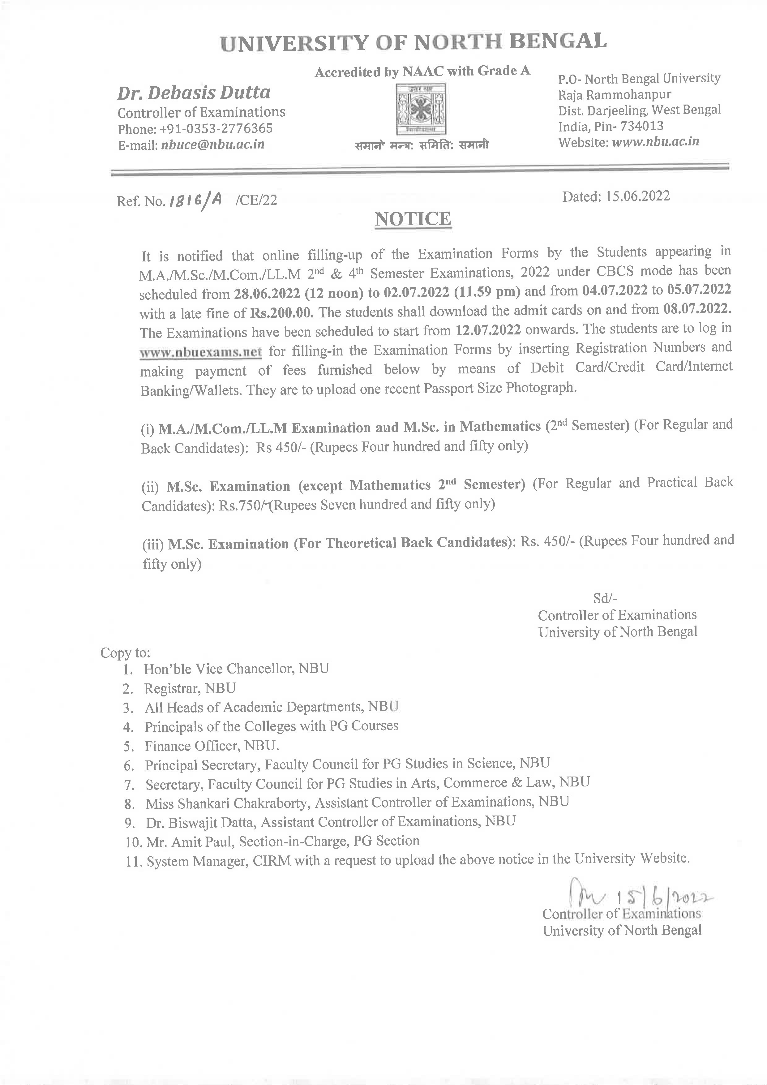 Notice Regarding NBU PG Examination Enrollment July, 2022