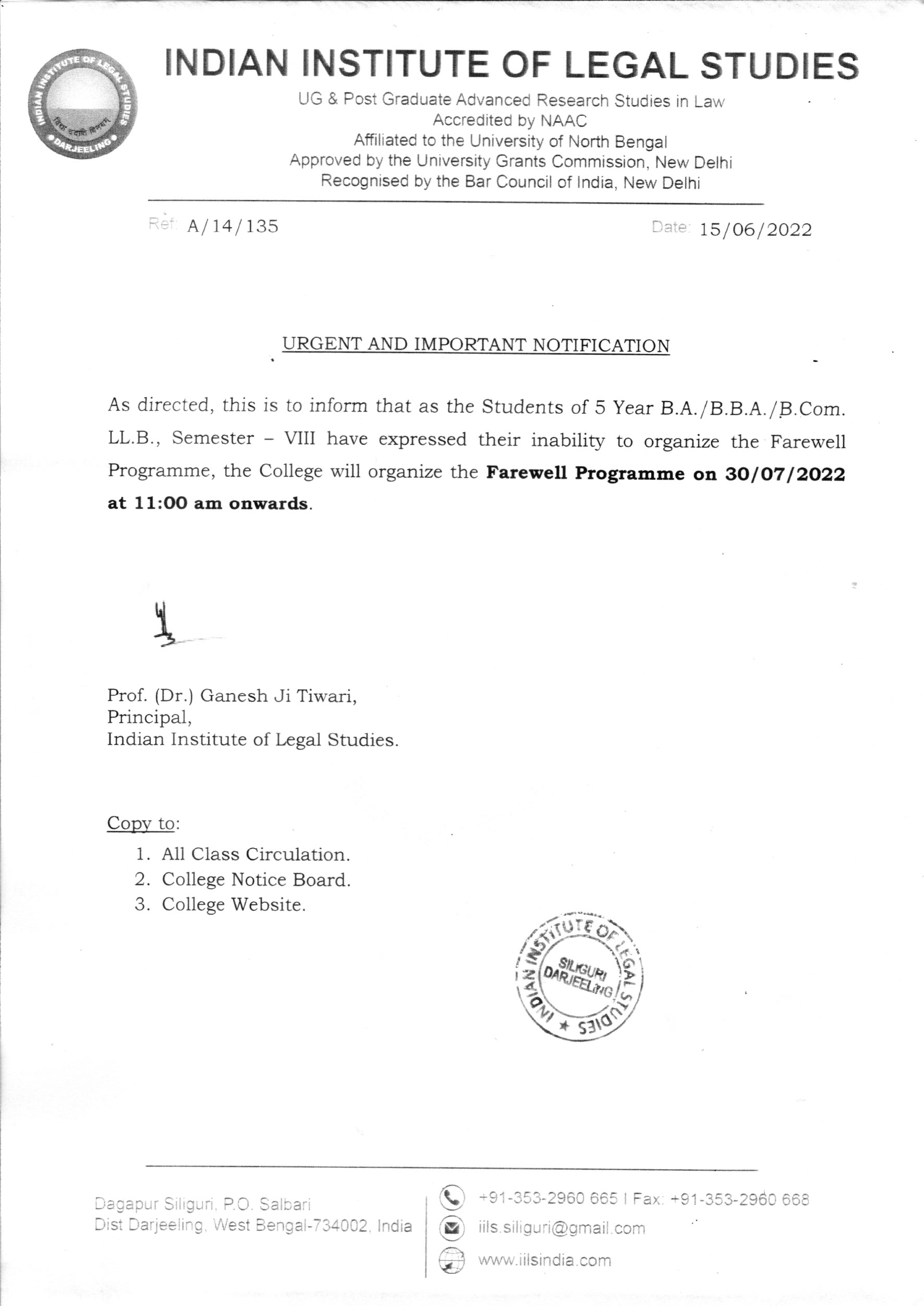 Notice Regarding Farewell Programme, 2022