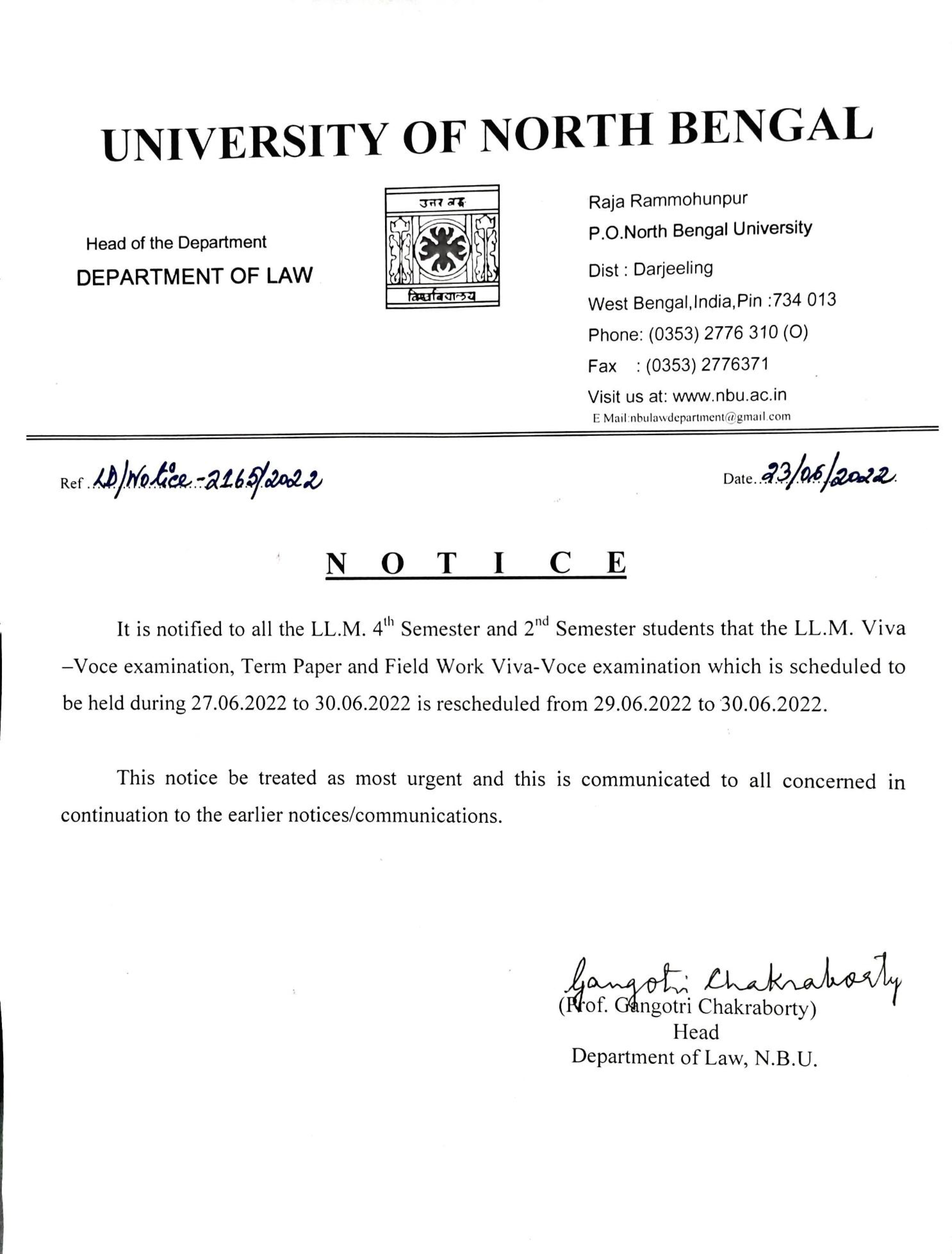 Notice Regarding Viva Voce Examination