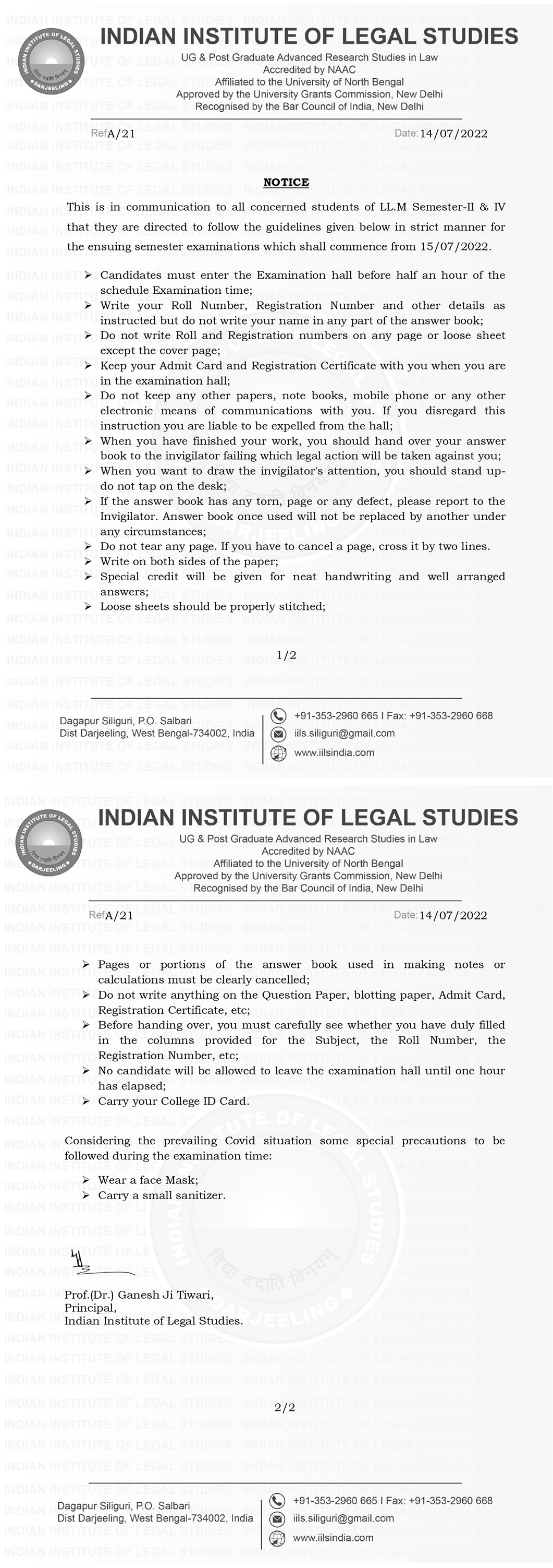 Notice for LL.M Examination Guidelines