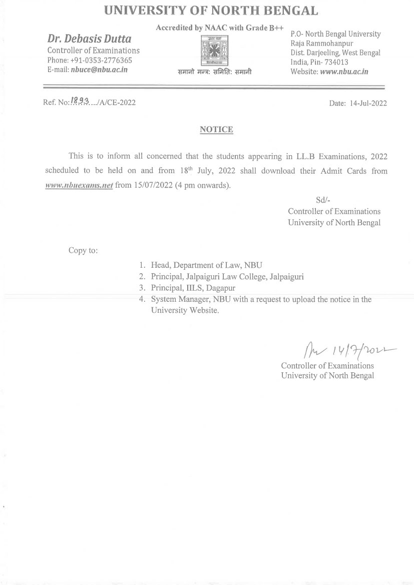 Notice for LL.B Examination Admit Card