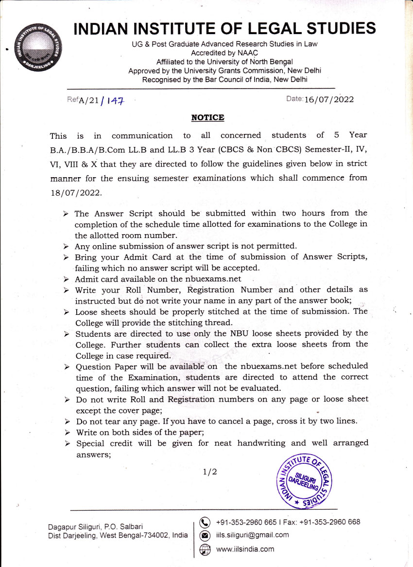 Notice For LL.B Examinations Guideline