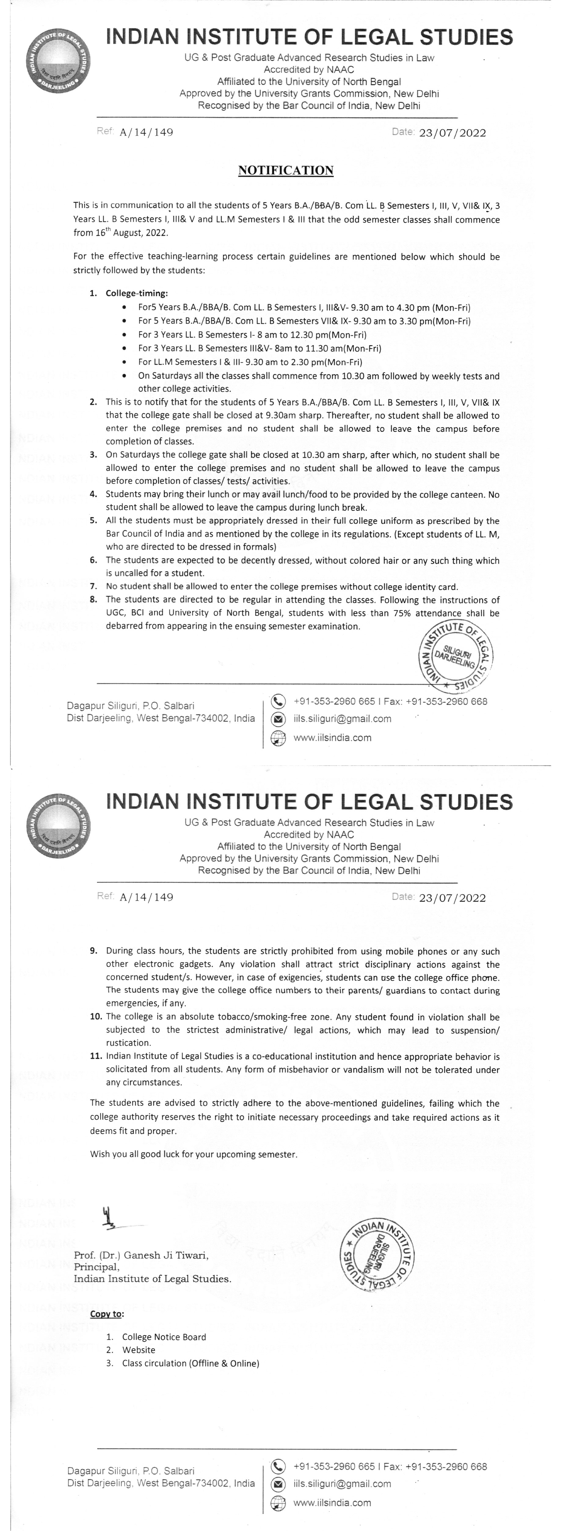 Notice Regarding Commencement Of Classes