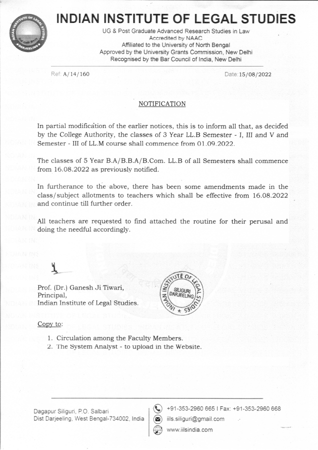 Notice for Class Commencement