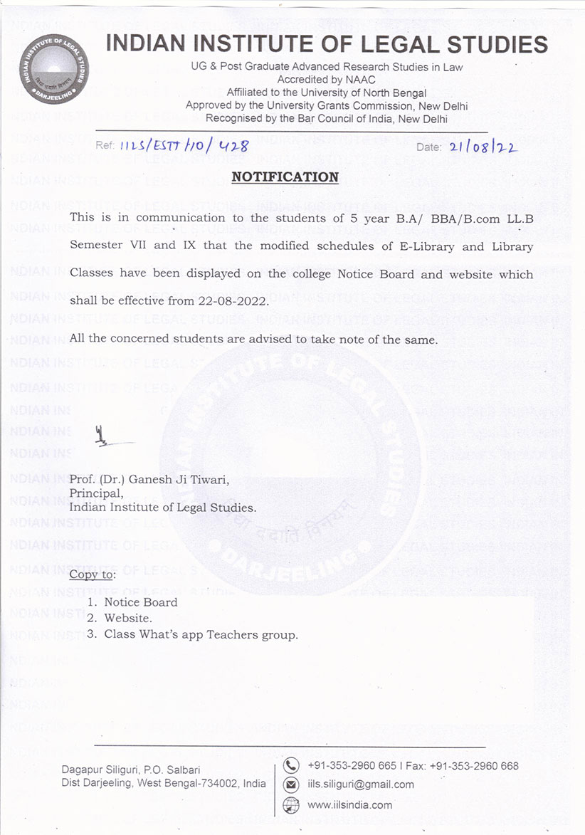 Notice Regarding modified schedules of E-Library and Library Classes