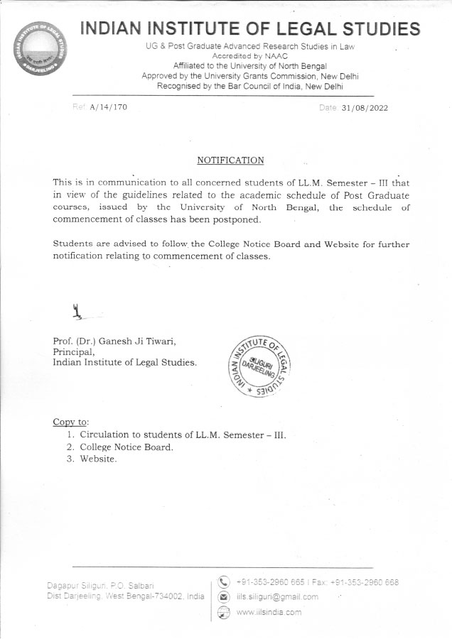 Notice for LL.M. SEM III Class Postponement