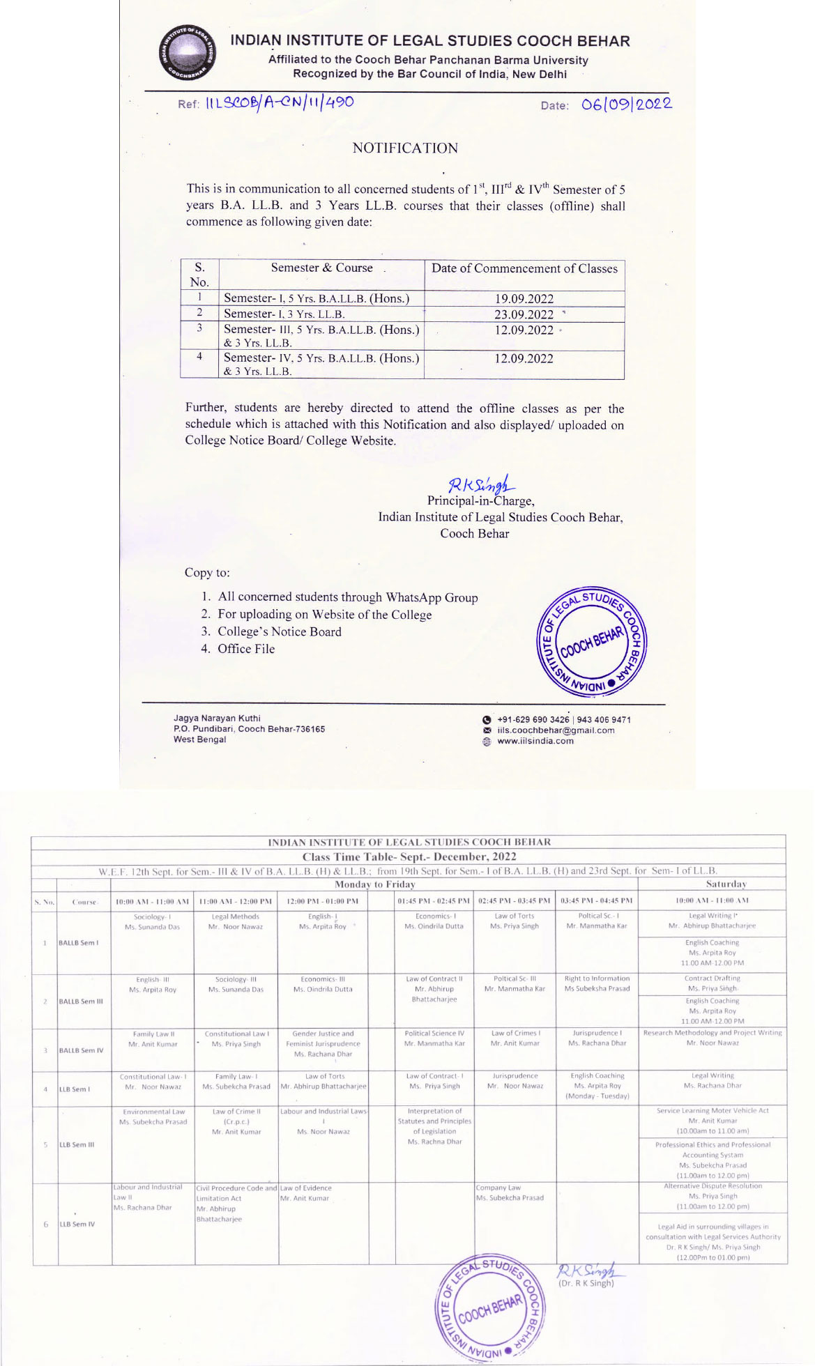 Notification Regarding Offline Class Time-table