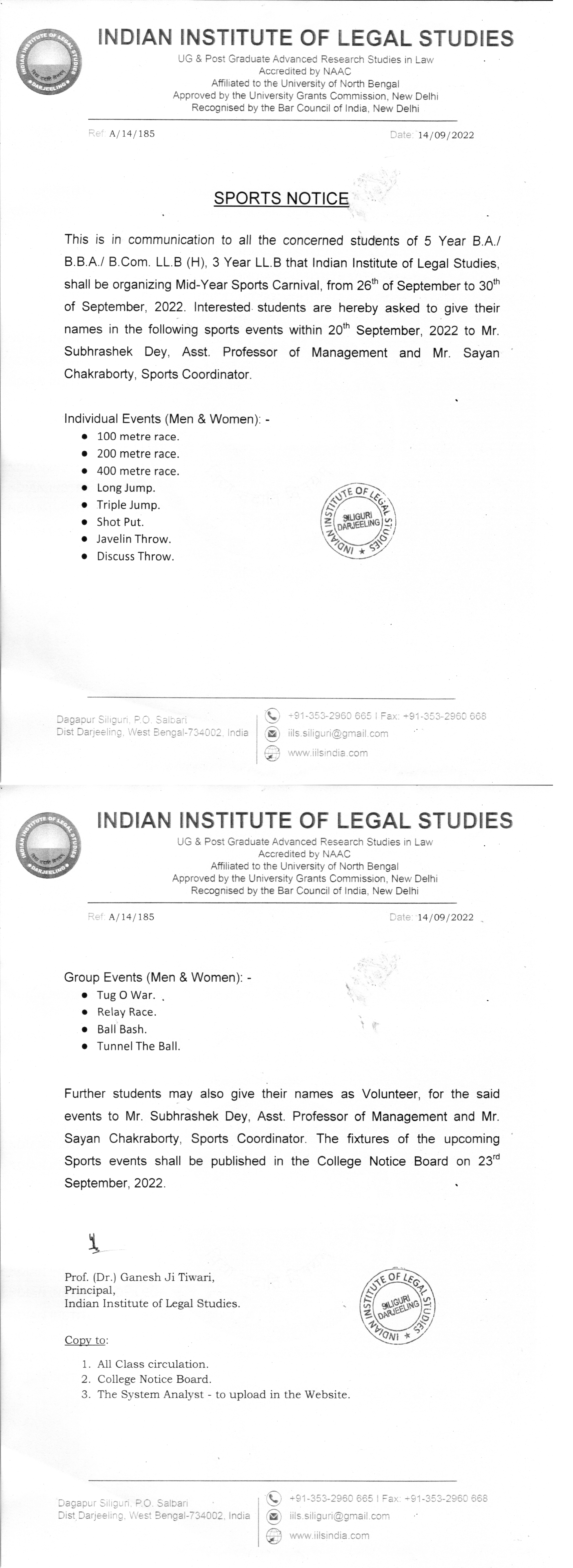 Notice Regarding Sports Carnival