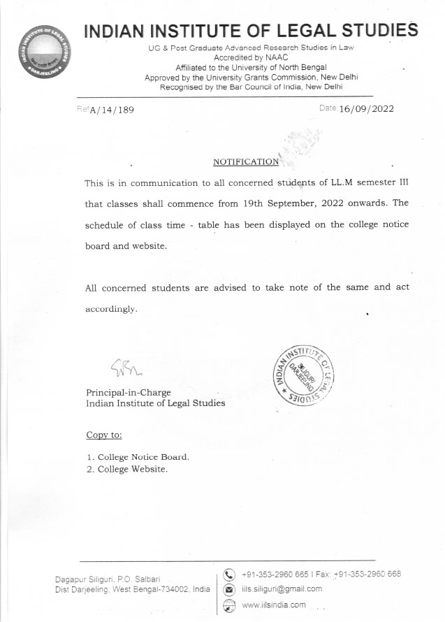 Notice for LL.M Sem III Class Commencement