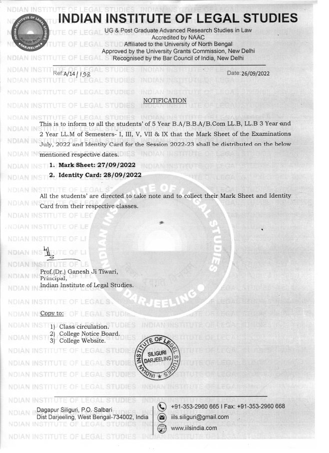 Notice Regarding Mark Sheet and Identity Card