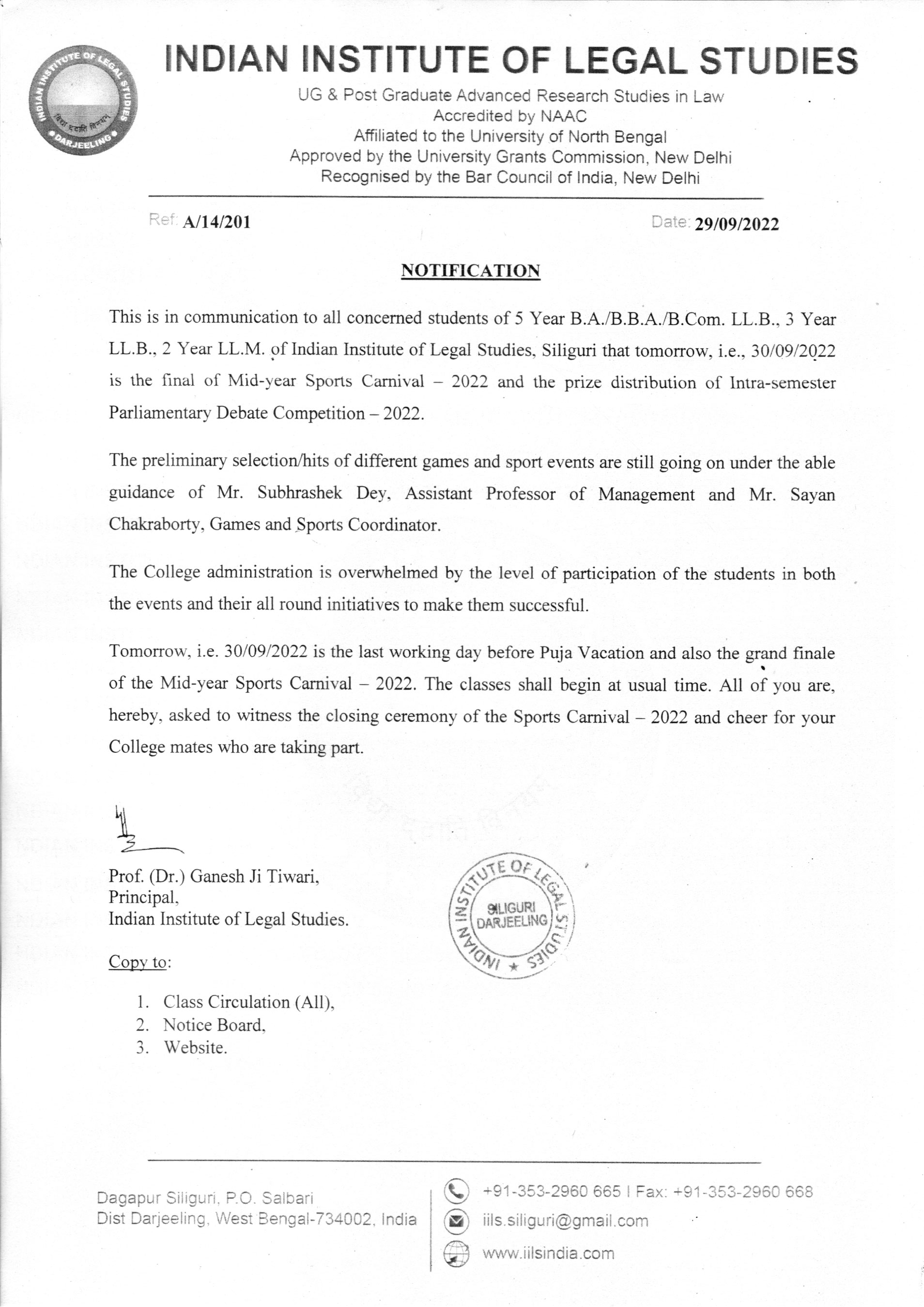 Notice Regarding Final of Mid-Year Sports Carnival and Price Distribution of Intra-Semester Parliamentary  Debate Competition