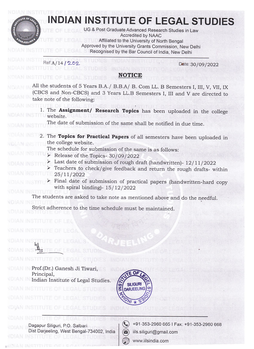 Notice for Assignment / Research Topics / Practical Papers