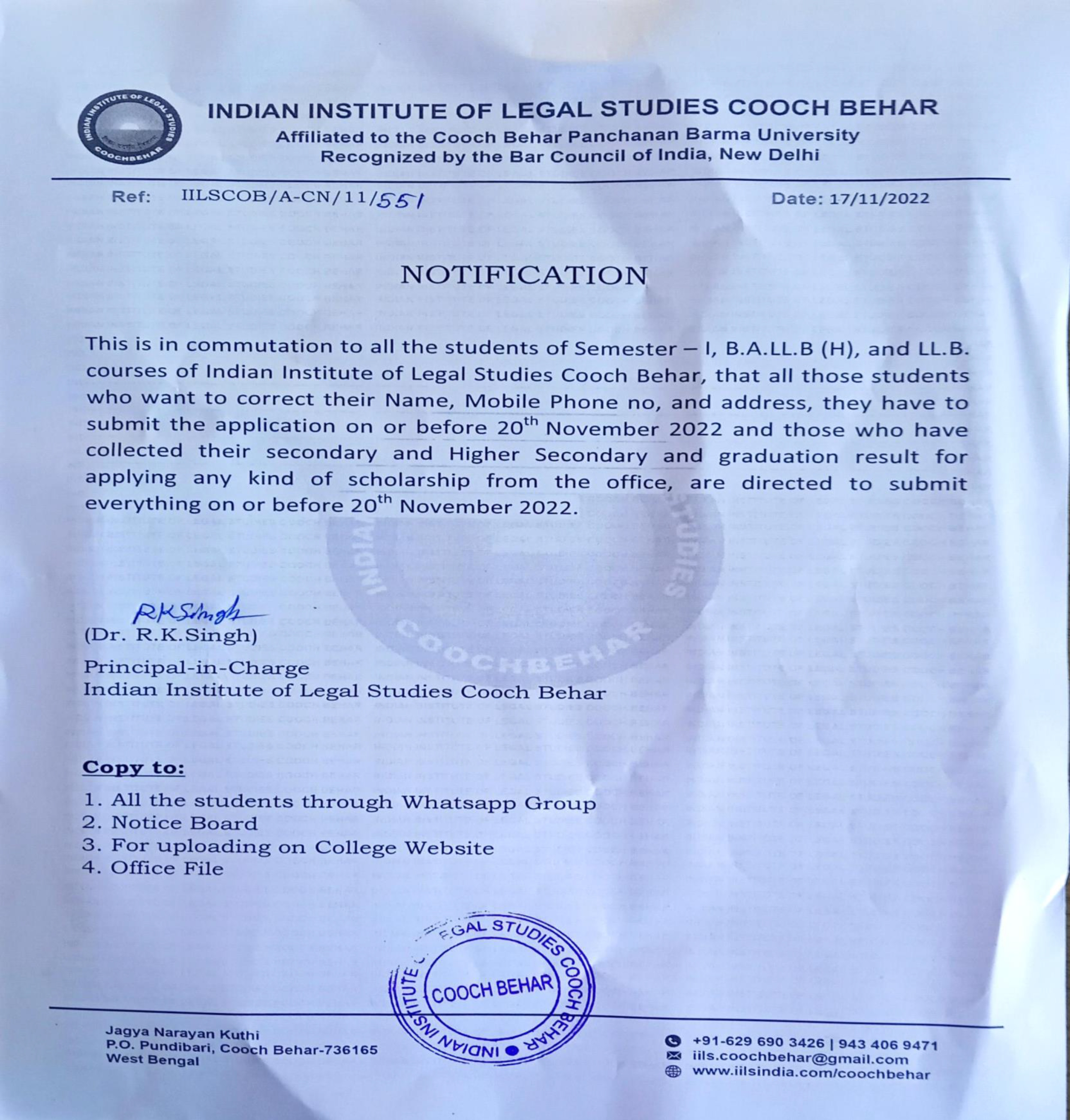 Notice Regarding Correction and Submission of Results