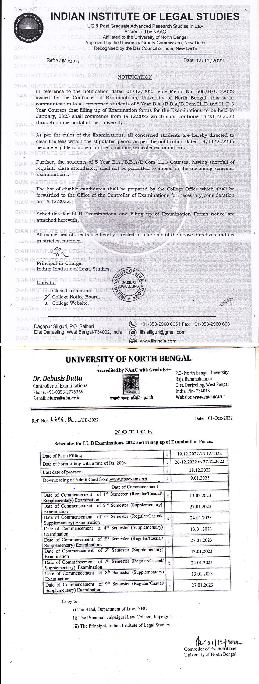 Notice for Examinations January, 2023