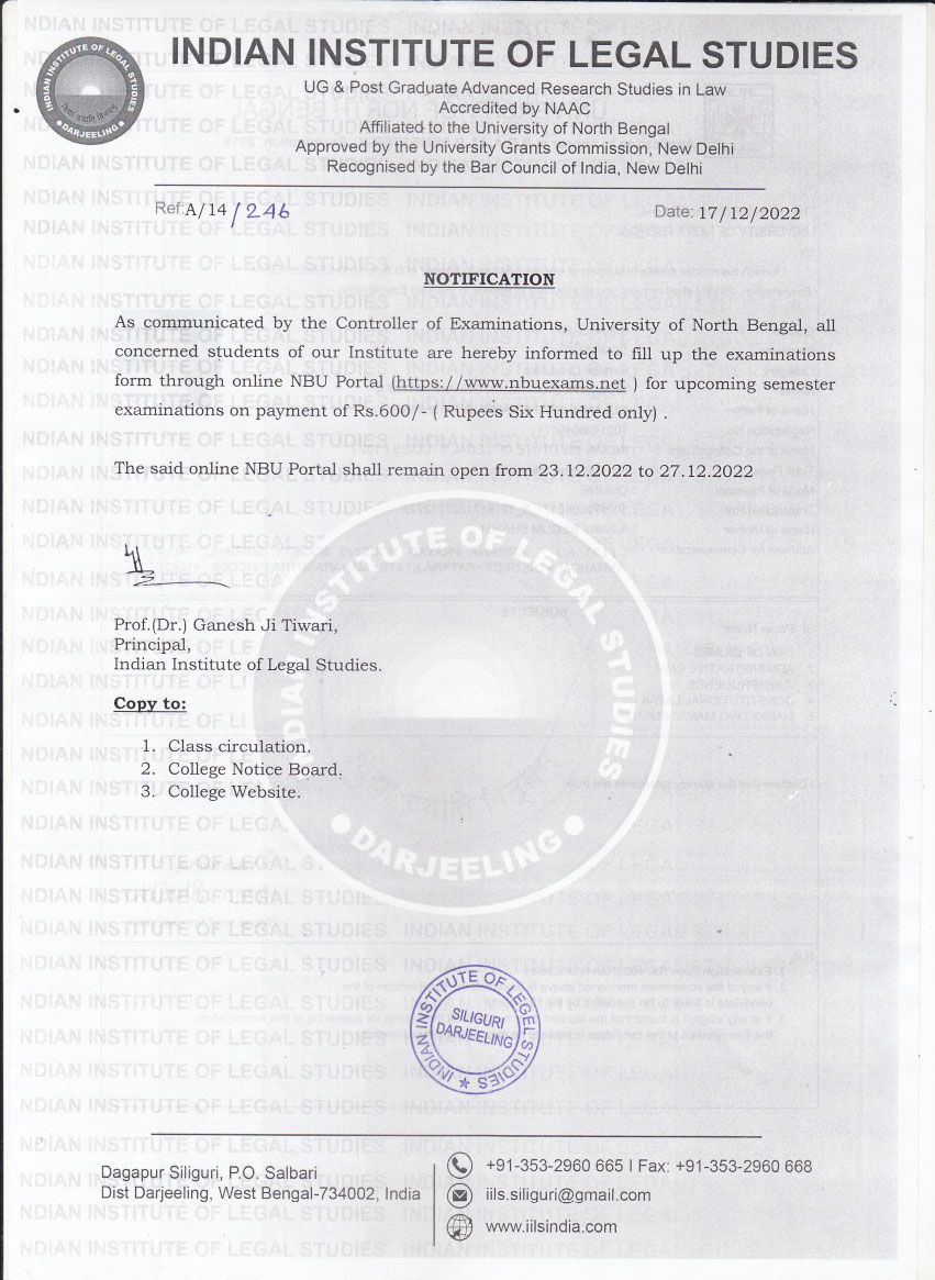 Notice for Examination Fees Payment