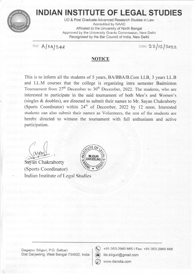 Notice for Intra-Semester Badminton Tournament 2022