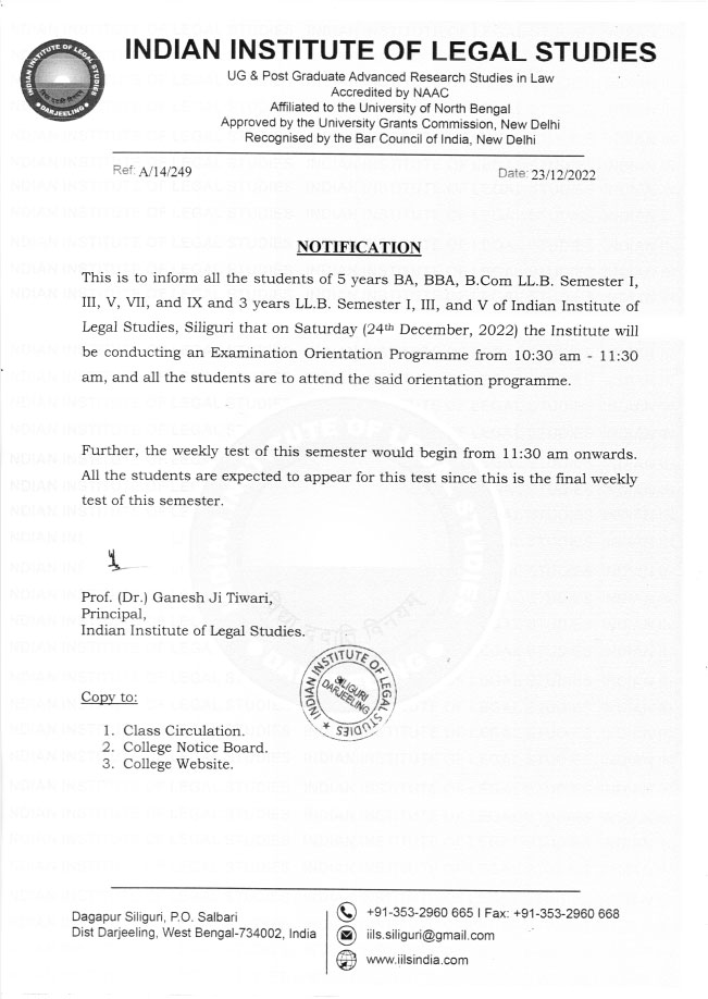Notice of the Examination Orientation Program on 24-12-2022