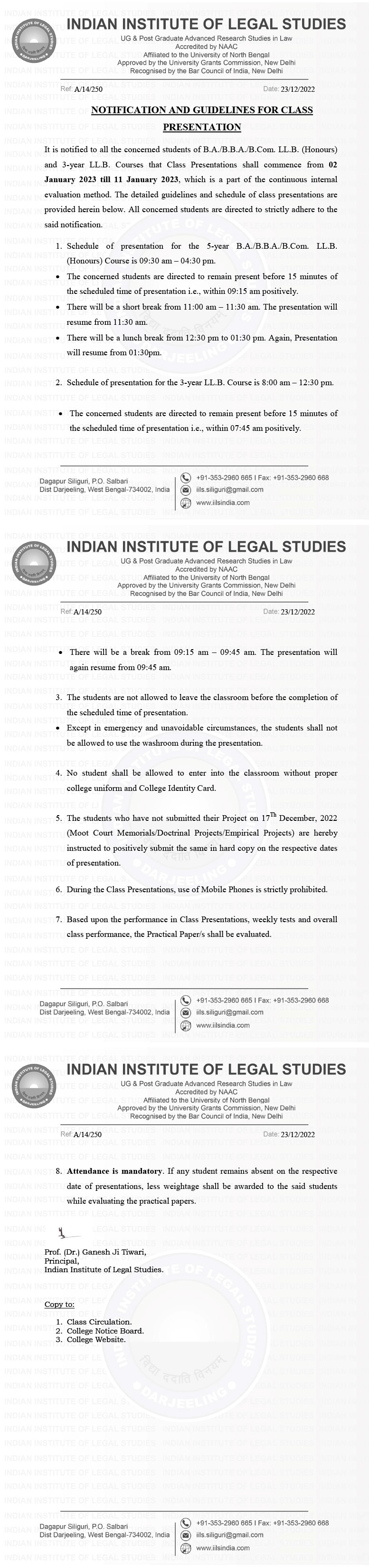 Notification and Guidelines for Class Presentation