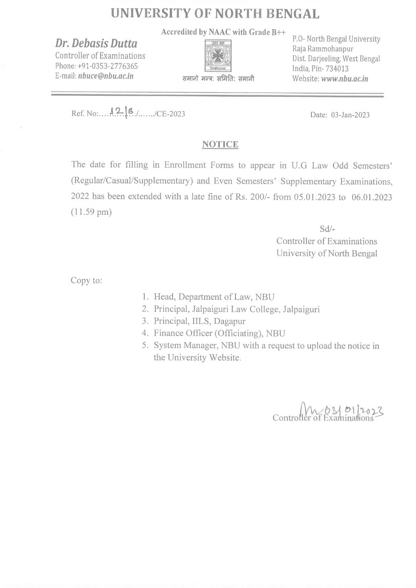 NBU Notice for Extended date of LL.B Examinations form fill up for the Examination January, 2023