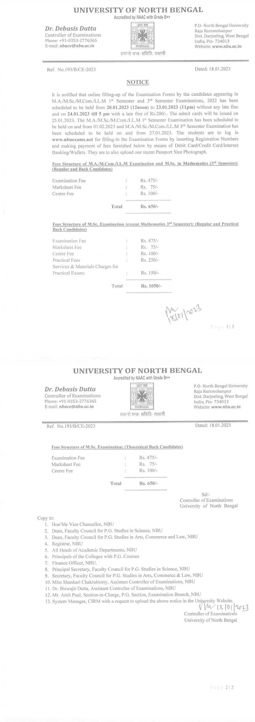 NBU NOTICE - LL.M EXAM FORM FILL UP
